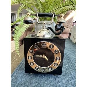 Vtg Clear black Lucite Telephone Music Box spining Clock Chariots of Fire‎ Song